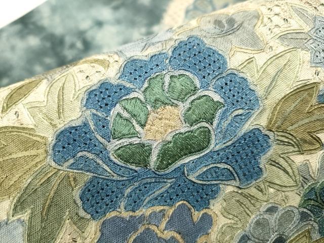 袋帯 紬地 蘇州刺繍 スワトウ刺繍 花唐草文様 正絹 茶色 お太鼓柄