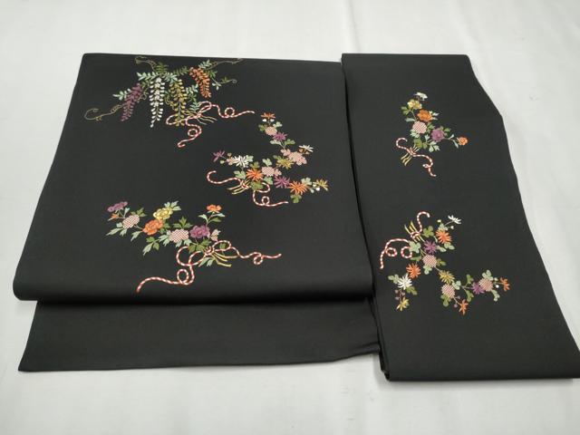 平和屋着物●塩瀬　つけ帯　総刺繍　草花文　黒地　金銀糸　正絹　逸品　CAAU9288hy