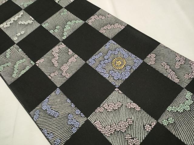 平和屋着物○両面 六通柄袋帯 市松舞花文 黒地舞花文 黒地