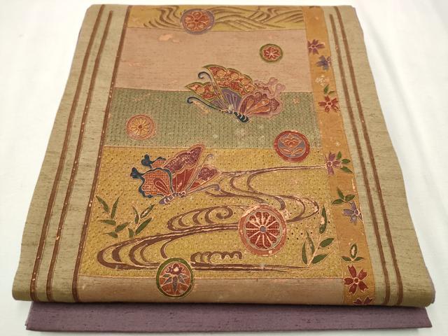 平和屋着物●中国三大刺繍　スワトウ刺繍　総刺繍　太鼓柄袋帯　紬地　流水花鳥文　金彩　正絹　逸品　CAAU9491hy