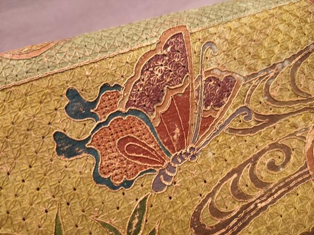 平和屋着物●中国三大刺繍　スワトウ刺繍　総刺繍　太鼓柄袋帯　紬地　流水花鳥文　金彩　正絹　逸品　CAAU9491hy 平和屋着物○中国三大刺繍 スワトウ刺繍 総刺繍 太鼓柄袋帯 紬