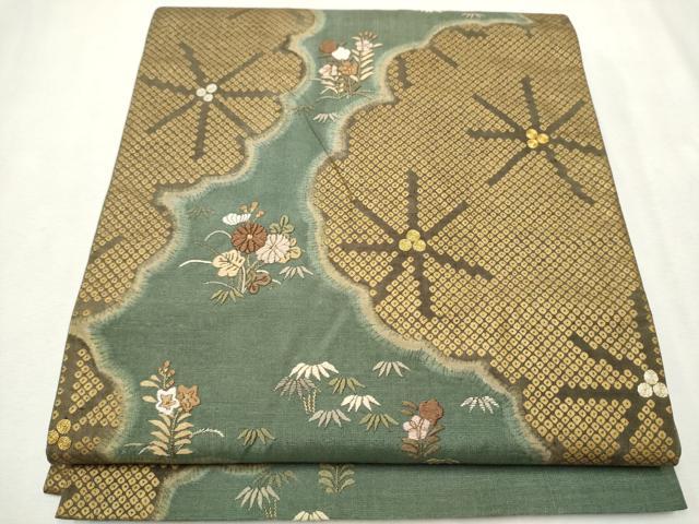 平和屋着物●太鼓柄袋帯　紬地　駒刺繍　草花文　正絹　逸品　CAAU9550hy