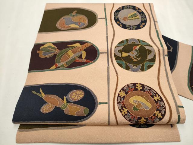 平和屋着物●全通柄　九寸名古屋帯　成物　金彩　鬼しぼ縮緬　正絹　逸品　CAAU9566hy