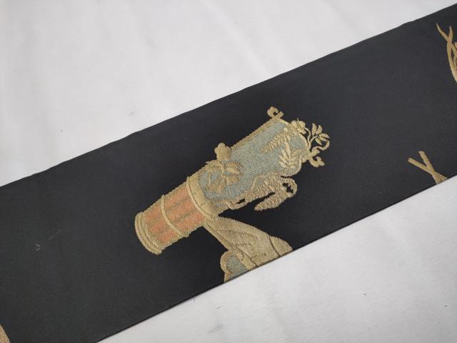 平和屋着物○西陣 川島織物 九寸名古屋帯 器物文 黒地 金糸 正絹