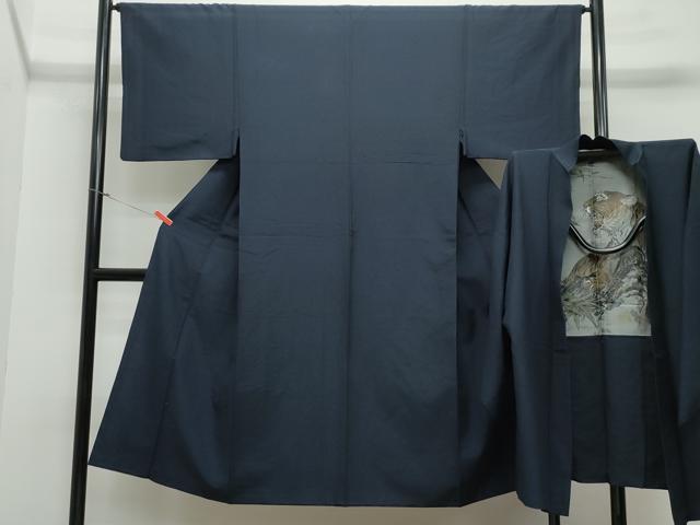 平和屋着物●男性　紬　アンサンブル　濃紺色　正絹　逸品　CAAU9657vf