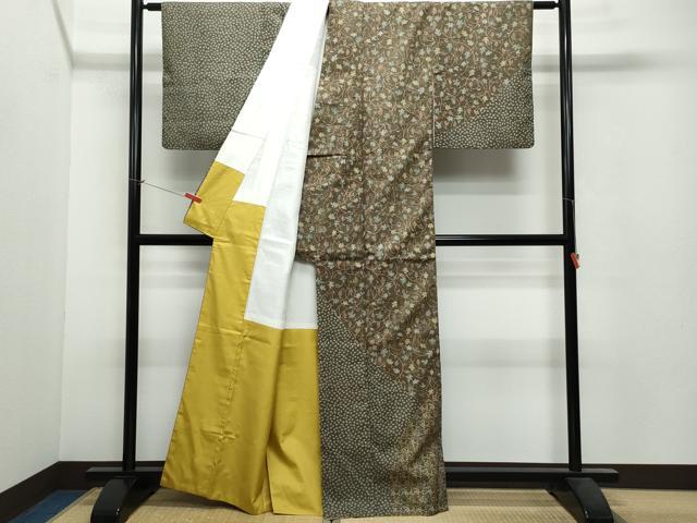 平和屋着物○訪問着 紬地 型染め 花唐草文 正絹 逸品 CAAU9724vf