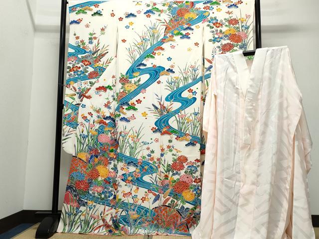 平和屋着物●豪華振袖・長襦袢セット　型染め　紅型　鴛鴦流水草花文　正絹　逸品　CAAU9758vf