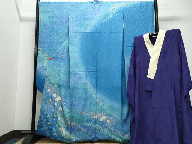平和屋着物●豪華振袖・長襦袢セット　駒刺繍　絞り　舞花文　銀通し地　半衿刺繍　正絹　逸品　CAAU9759vf