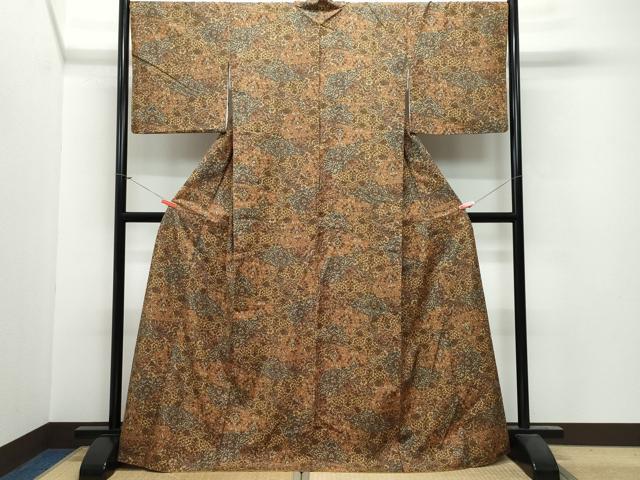 平和屋着物○結城紬 切嵌更紗花唐草文 やまと誂製 証紙付き