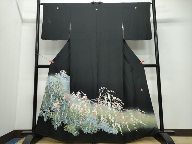 平和屋着物●十日町友禅作家　阿部佳雪　黒留袖　松葉枝花文　正絹　逸品　CAAU9891vf