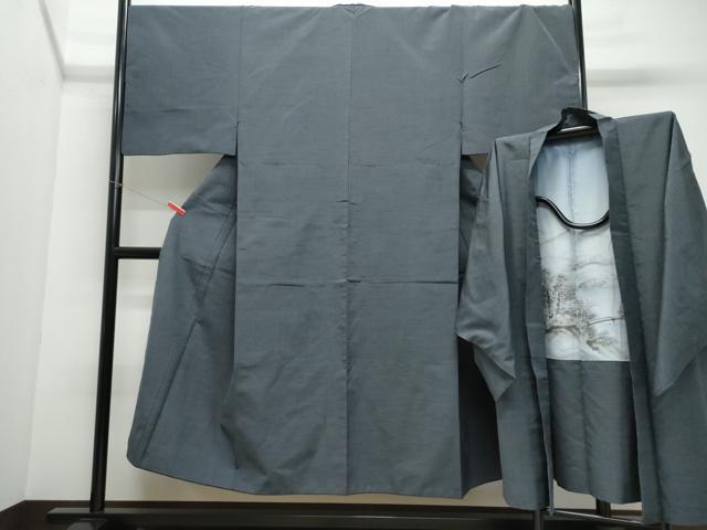 平和屋着物●男性　紬　アンサンブル　消炭色　正絹　逸品　CAAU9931vf