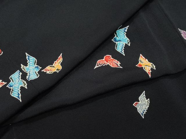 平和屋着物●上質な小紋　型染め　飛鳥文　黒地　鬼しぼ縮緬　正絹　逸品　CAAU9961vf