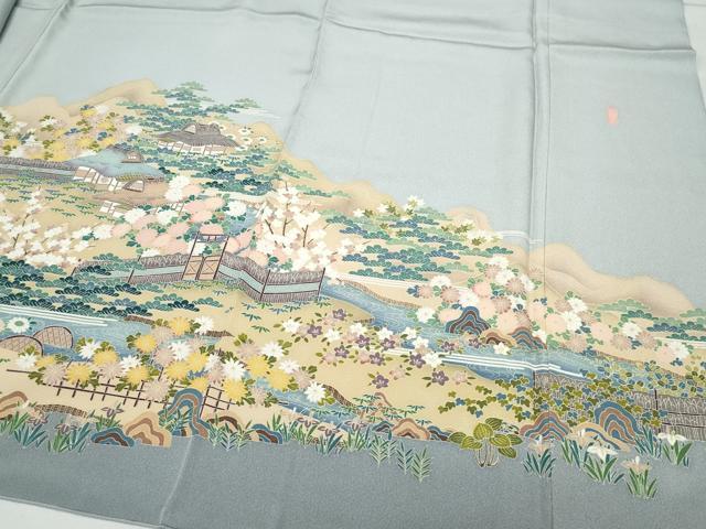 平和屋着物○訪問着 友禅 作家物 風景渡り橋草花文 正絹 逸品