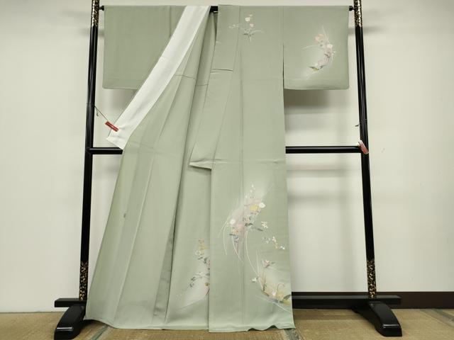 平和屋着物▽訪問着　単衣　友禅　作家物　草花文　暈し染め　正絹　逸品　CAAV3161ut_1