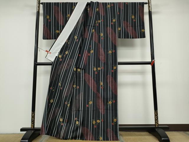 平和屋着物▽小紋 単衣 舞花間道 黒地 洗える着物 CAAV3179ut