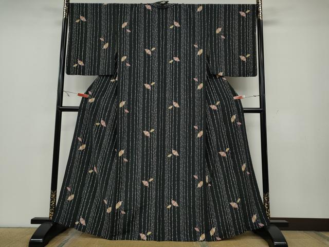 平和屋着物▽小紋 単衣 舞草花文 黒地 洗える着物 CAAV3188ut 【公式通販】