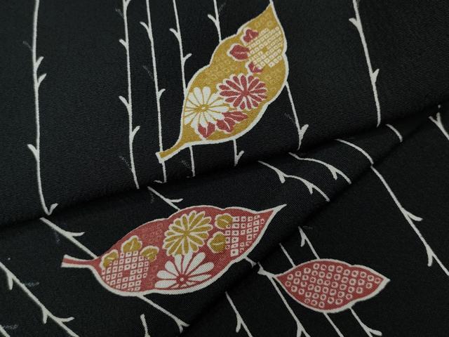 平和屋着物▽小紋　単衣　舞草花文　黒地　洗える着物　CAAV3188ut