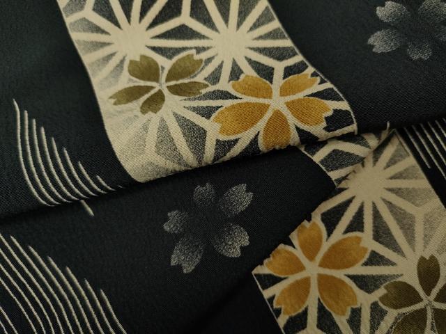 平和屋着物▽小紋　単衣　矢羽舞桜文　黒地　洗える着物　CAAV3193ut