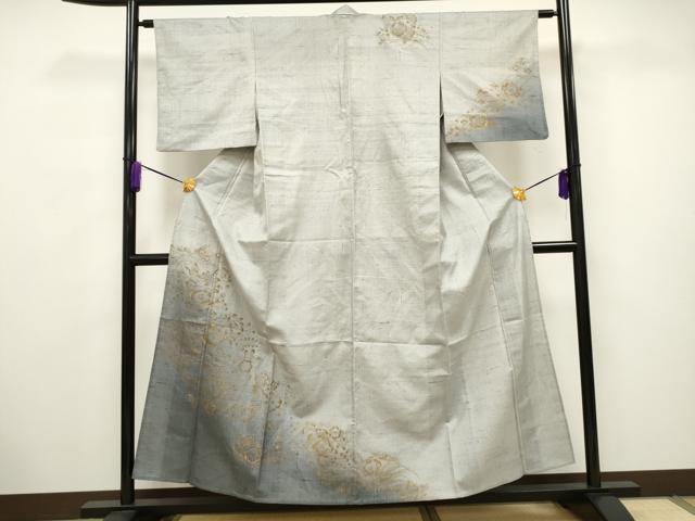 平和屋着物▽訪問着　単衣　紬地　辻が花　金彩　正絹　逸品　CAAV3690dy