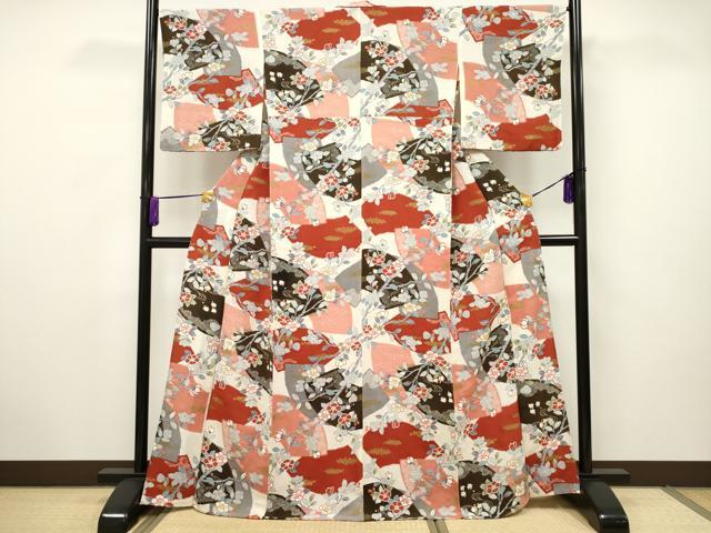 平和屋着物▽上質な小紋　単衣　地紙枝椿文　金彩　鬼しぼ縮緬　正絹　逸品　CAAV3691dy