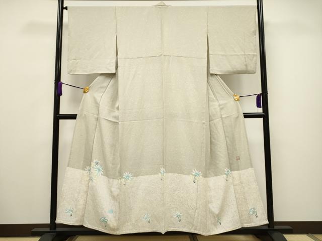 平和屋本店□極上 本場結城紬 重要無形文化財 単衣 100亀甲 縞 女郎花