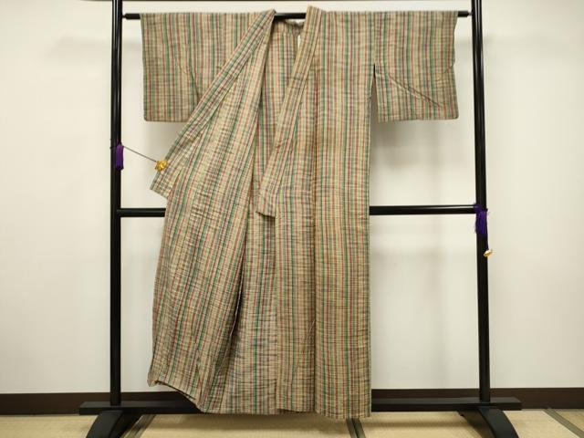 平和屋着物▽上質な紬 単衣 花織 縞 正絹 逸品 CAAV3715dy