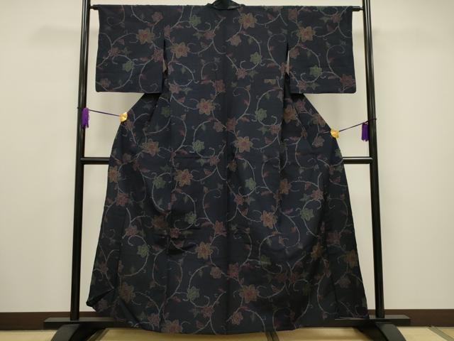 平和屋着物▽上質な紬　単衣　花唐草文　正絹　逸品　CAAV3738dy 平和屋着物▽上質な紬 単衣 花唐草文 正絹 逸品 CAAV3738dy