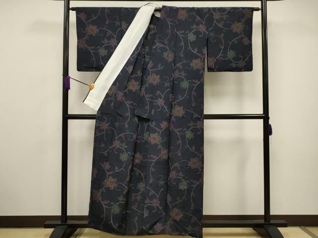 平和屋着物▽上質な紬 単衣 花唐草文 正絹 逸品 CAAV3738dy