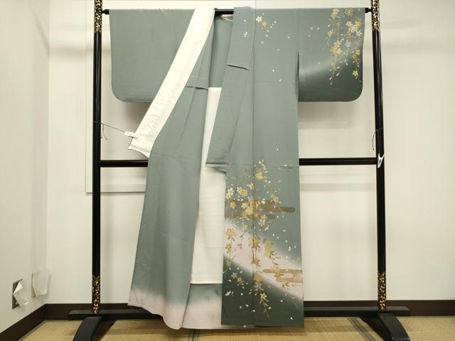 平和屋着物▽訪問着　単衣　工霞枝垂れ桜文　暈し染め　金銀彩　正絹　逸品　CAAV3748dy_1