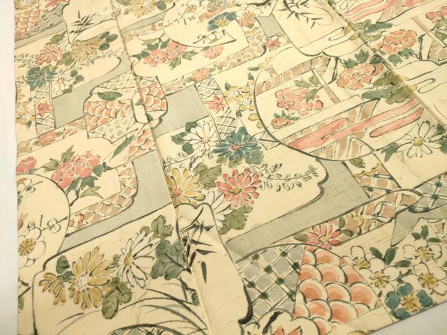 平和屋着物▽上質な小紋 単衣 紬地 手描き 花鳥文 正絹 逸品
