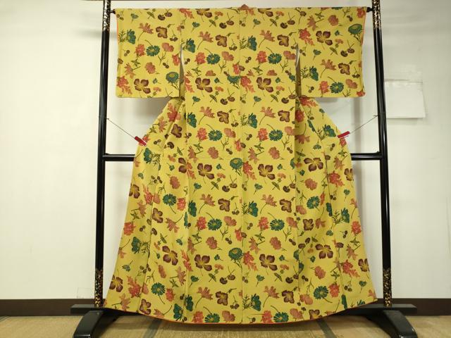 平和屋着物▽上質な小紋　単衣　舞花文　型染め　鬼しぼ縮緬　正絹　逸品　未使用　DAAT9115az 平和屋着物▽上質な小紋 単衣 舞花文 型染め 鬼しぼ縮緬