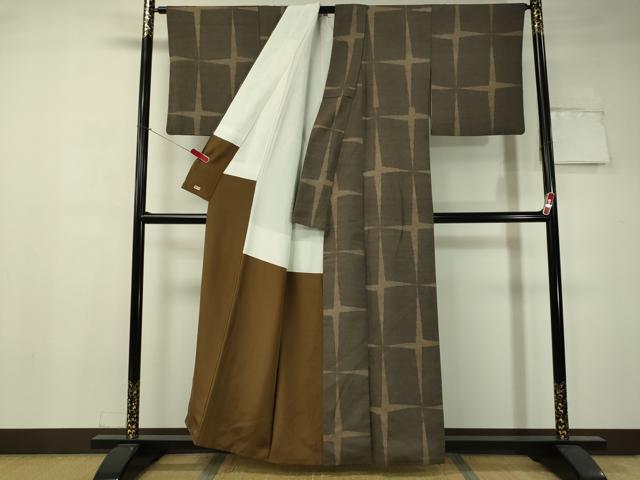 平和屋着物○上質な小紋 紬地 変わり格子文 三越扱い 正絹 逸品