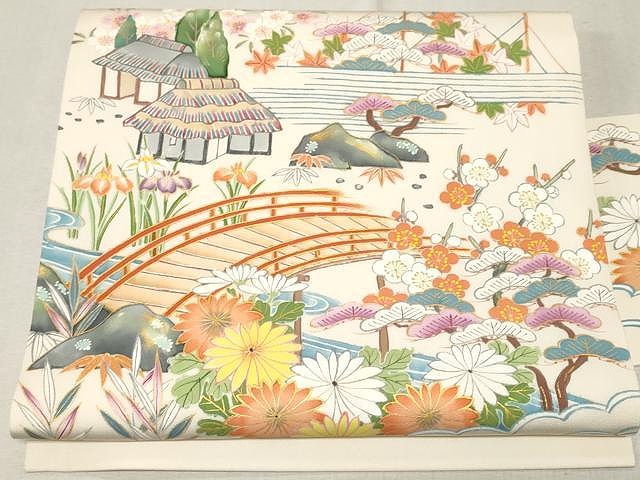 平和屋着物●塩瀬　九寸名古屋帯　流水風景花文　金彩　正絹　逸品　CAAV5233yk