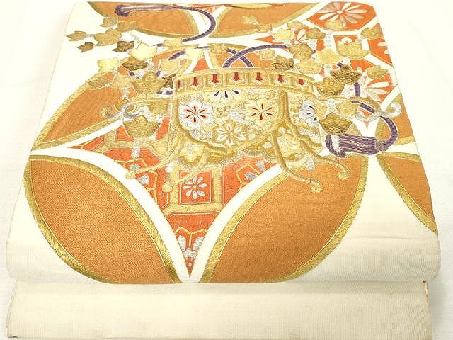 平和屋着物●アンティーク　大正ロマン　綴れ　丸帯　駒刺繍　総刺繍　七宝吉祥文　金銀糸　正絹　逸品　CAAV5431yk
