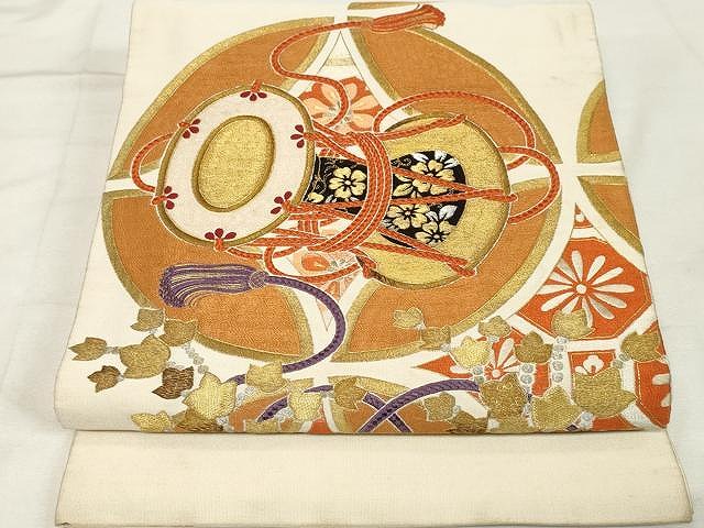 平和屋着物○アンティーク 大正ロマン 綴れ 丸帯 駒刺繍 総刺繍 七宝吉祥文