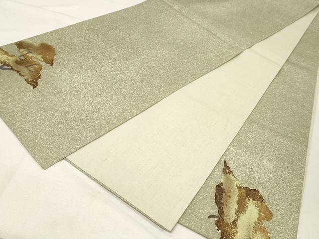 平和屋着物○太鼓柄袋帯 紬地 ろうけつ染め 枝木文 銀通し地