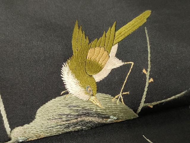 平和屋着物○アンティーク 大正ロマン 九寸名古屋帯 総刺繍 枝梅鳥