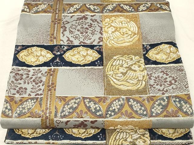 平和屋着物●両面　六通柄袋帯　モール織　向かい鳥花文　金糸　正絹　逸品　CAAV5567yk 平和屋着物○両面 六通柄袋帯 モール織 向かい鳥花文 金糸