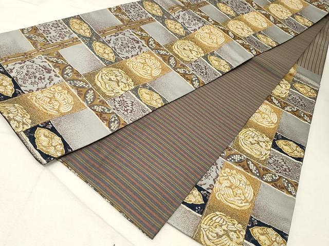 平和屋着物●両面　六通柄袋帯　モール織　向かい鳥花文　金糸　正絹　逸品　CAAV5567yk