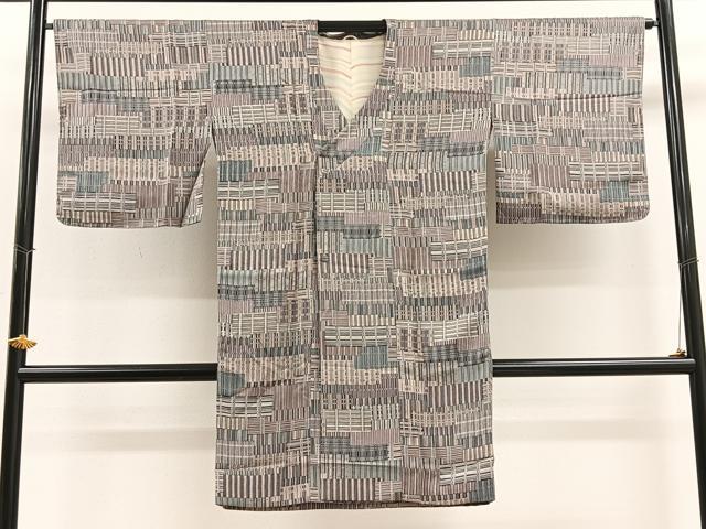 平和屋着物＃道行コート　単衣　ロング丈　紬地　幾何学文様　正絹　逸品　BAAU0003gt 平和屋着物＃道行コート 単衣 ロング丈 紬地 幾何学文様 正絹 逸品