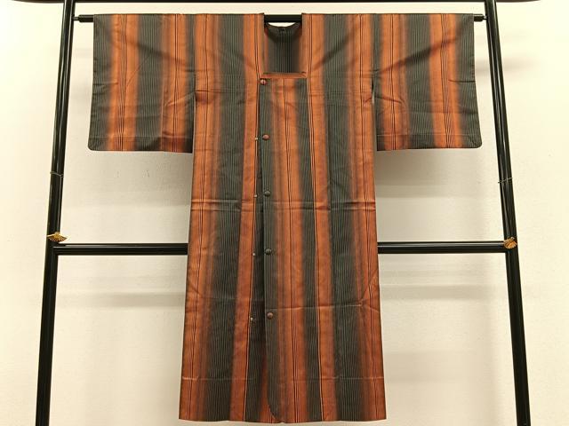 平和屋着物▽道行コート　単衣　雨コート　縞　ロング丈　正絹　逸品　CAAV5751id