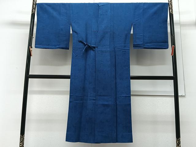 平和屋着物＃道中着　単衣　紬地　花唐草地紋　瑠璃色　ロング丈　正絹　逸品　CAAV5813id