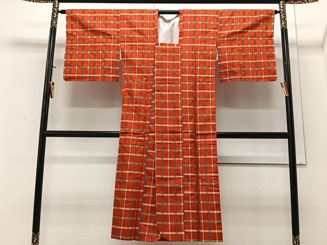 平和屋着物＃道行コート　単衣　格子柄　ロング丈　正絹　逸品　CAAV5830id