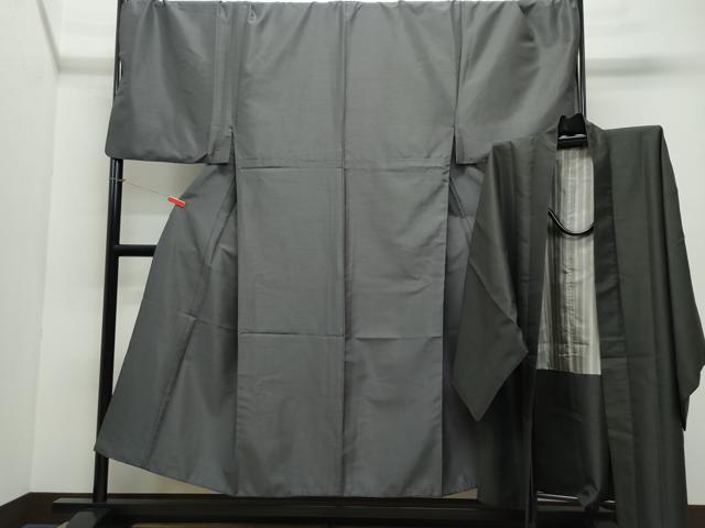 平和屋着物●男性　色無地　着物：黒橡色　羽織：海松茶色　キングサイズ　洗える着物　CAAV6587vf