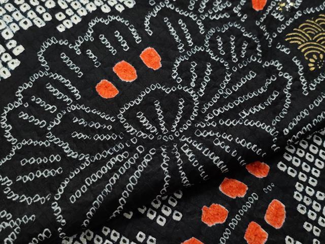 平和屋着物○豪華振袖 絞り 立波源氏車花文 黒地 金彩 正絹 逸品