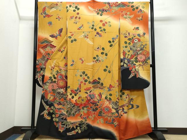 平和屋着物●豪華振袖　型染め　風景花蝶文　正絹　逸品　CAAV6762vf