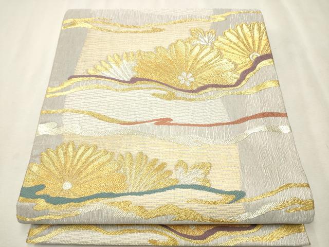 平和屋着物●「美しいキモノ」お馴染みのメーカー となみ織物 両面 六通柄袋帯 秀綾つづれ 麹塵染め 霞草花文 金銀糸 正絹 逸品 CAAV6845hy
