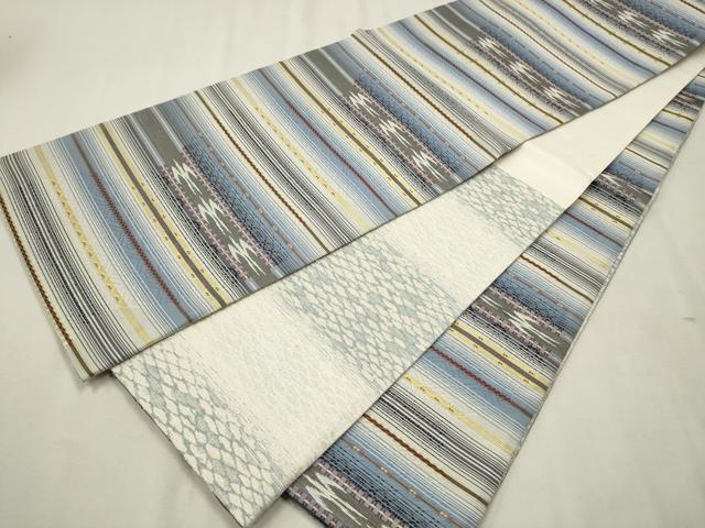 平和屋着物○両面 六通柄袋帯 花織 市松霞文 銀糸 正絹 逸品