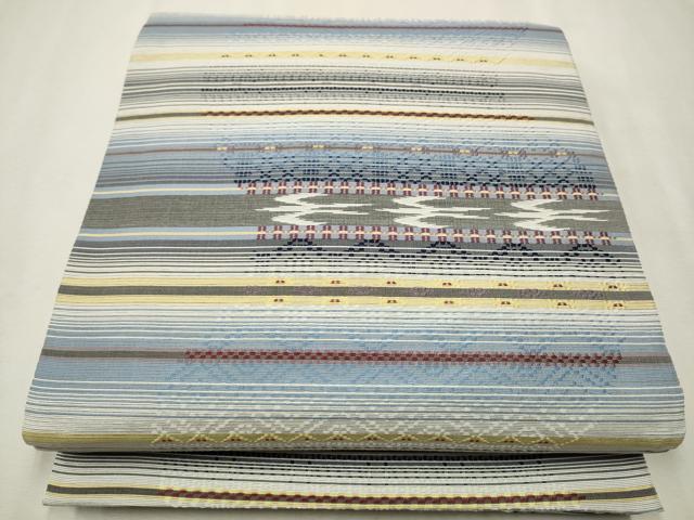 平和屋着物○両面 六通柄袋帯 花織 市松霞文 銀糸 正絹 逸品