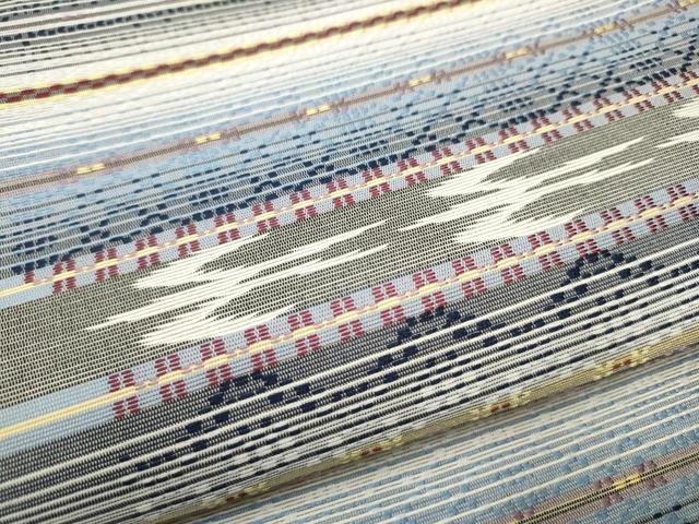 平和屋着物○両面 六通柄袋帯 花織 市松霞文 銀糸 正絹 逸品